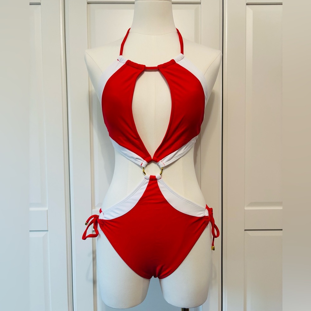 Red & White Cutout Halter One-Piece Swimsuit with Ring Detail in Sizes S, M, L